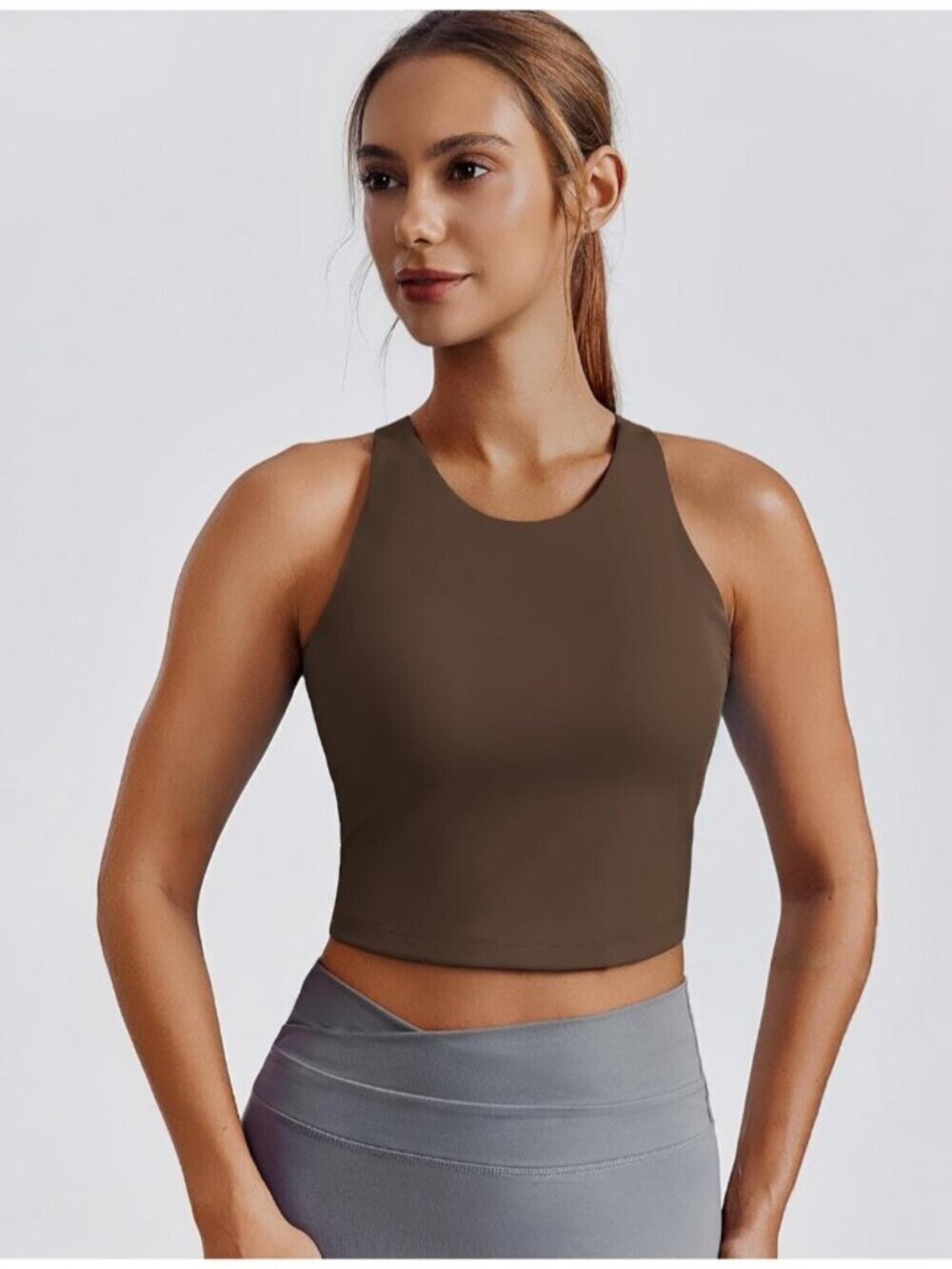 〽️Women's Brown Sports Bra High Neck Racer Back Workout Longline Crop Tank Top